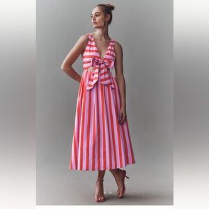 BHLDN Pink and Red Striped Tie-Waist Maxi Dress